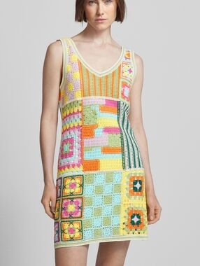 Apricot Multi Coloured Patchwork Crochet/ Knit Shift Dress
